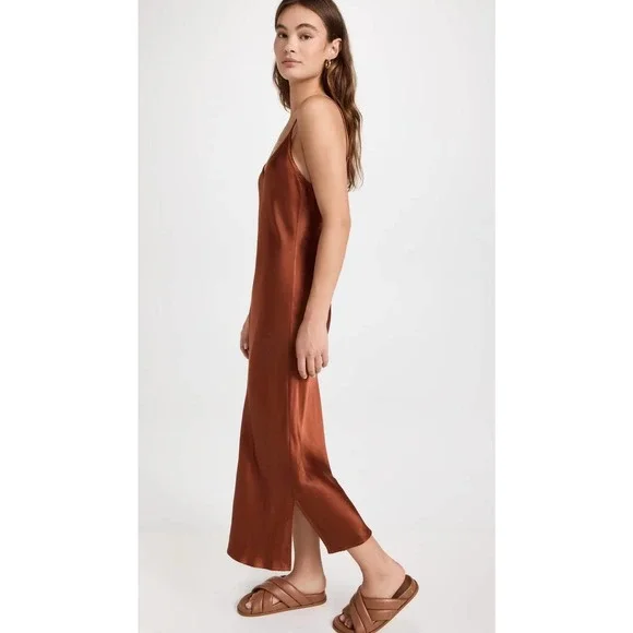 ENZA COSTA Dress Womens XS 0 Rust Satin Bias Slip Maxi Spaghetti Strap NWOT - Picture 2 of 16